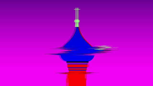 Eine bunte und digital verfremdete und verschwommene Kirchturmspitze. Der Turm ist einer russisch-orthodoxen Kirche nachempfunden.