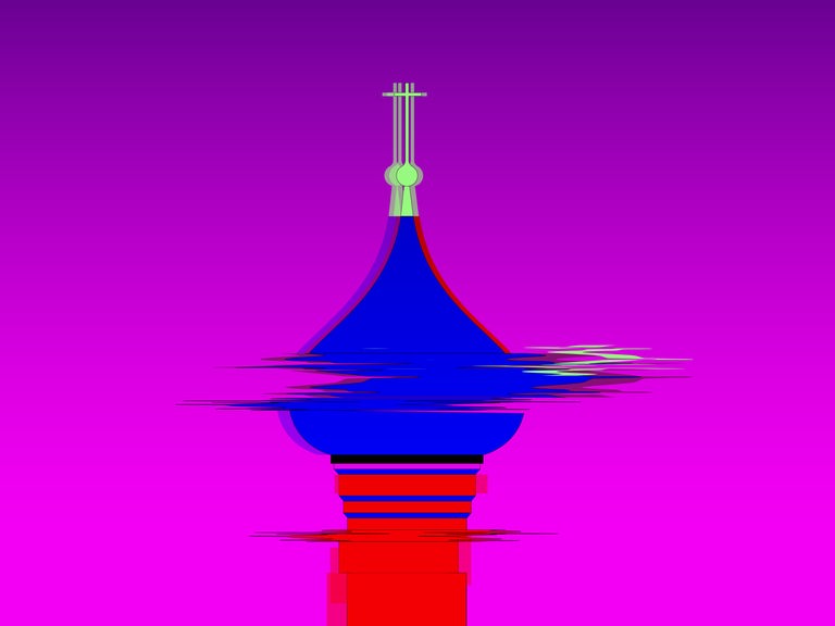 Eine bunte und digital verfremdete und verschwommene Kirchturmspitze. Der Turm ist einer russisch-orthodoxen Kirche nachempfunden.