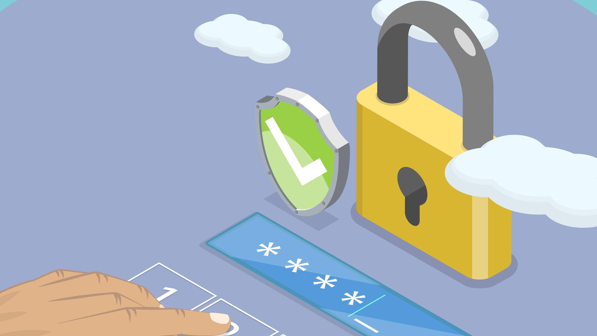 Illustration von Datenschutz, persönliche Informationssicherheit: Gezeigt wird ein Schloss mit grünem Haken und eine Hand, die eine verdeckte PIN-Nummer eingibt.