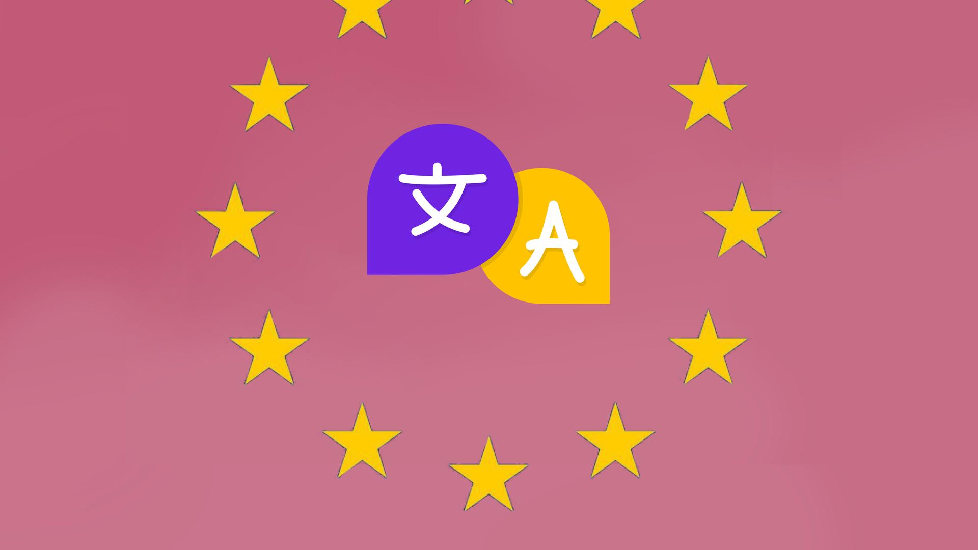 Grafik zweier Sprechblasen. In einer steht ein chinesisches Schriftzeichen, in der anderen ein A. Sie sind umgeben vom Sternenkranz der EU-Flagge.