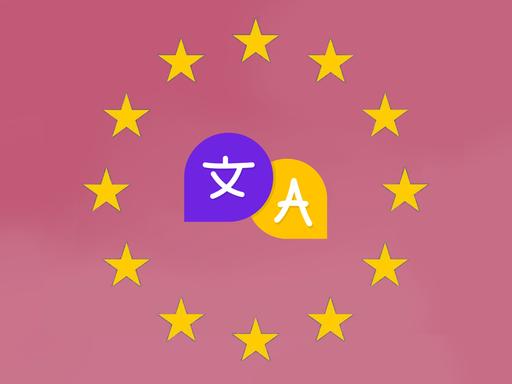 Grafik zweier Sprechblasen. In einer steht ein chinesisches Schriftzeichen, in der anderen ein A. Sie sind umgeben vom Sternenkranz der EU-Flagge. Grafik zweier Sprechblasen. In einer steht ein chinesisches Schriftzeichen, in der anderen ein A. Sie sind umgeben vom Sternenkranz der EU-Flagge.