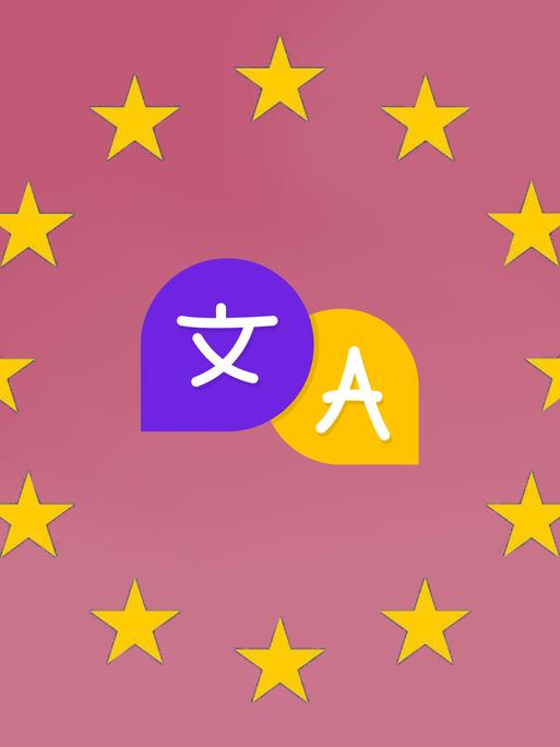 Grafik zweier Sprechblasen. In einer steht ein chinesisches Schriftzeichen, in der anderen ein A. Sie sind umgeben vom Sternenkranz der EU-Flagge.