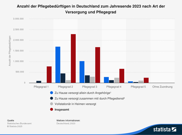 Grafik zur Pflege in Deutschland - Pflegebedürftige nach Art der Versorgung und Pflegegrad 2023 Grafik zur Pflege in Deutschland - Pflegebedürftige nach Art der Versorgung und Pflegegrad 2023