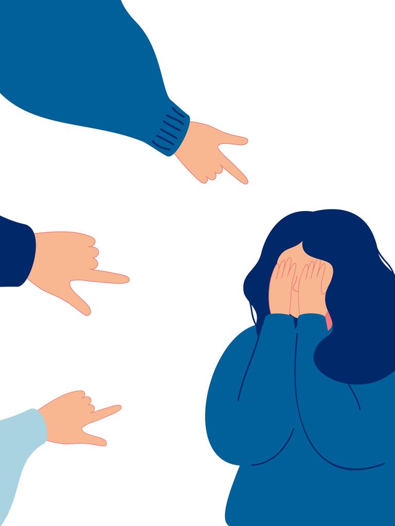 Illustration einer Frau, die ihr Gesicht mit Händen bedeckt und auf die mehrere Menschen mit dem Finger zeigen. Illustration einer Frau, die ihr Gesicht mit Händen bedeckt und auf die mehrere Menschen mit dem Finger zeigen.