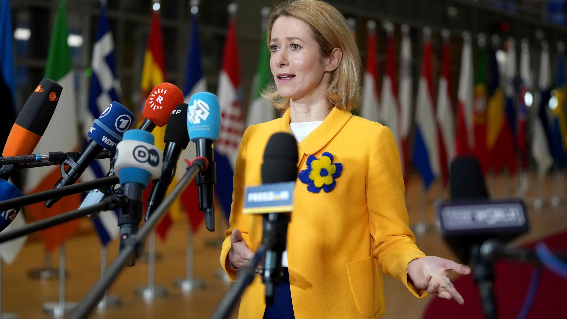 European Union foreign policy chief Kaja Kallas speaks with the media as she arrives for a meeting of EU foreign ministers at the European Council building in Brussels, Monday, Feb. 24, 2025. (AP Photo/Virginia Mayo)