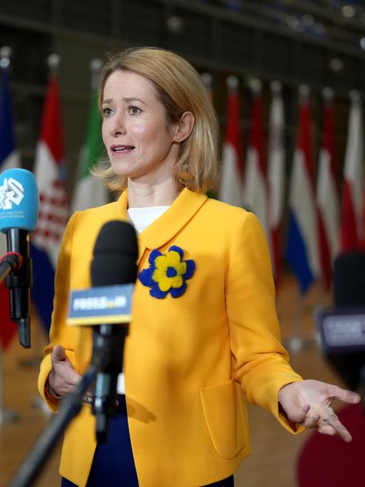 European Union foreign policy chief Kaja Kallas speaks with the media as she arrives for a meeting of EU foreign ministers at the European Council building in Brussels, Monday, Feb. 24, 2025. (AP Photo/Virginia Mayo)