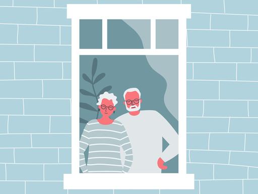 Illustration: Ein älteres Paar steht zusammen am Fenster.