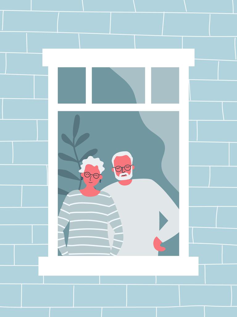 Illustration: Ein älteres Paar steht zusammen am Fenster.