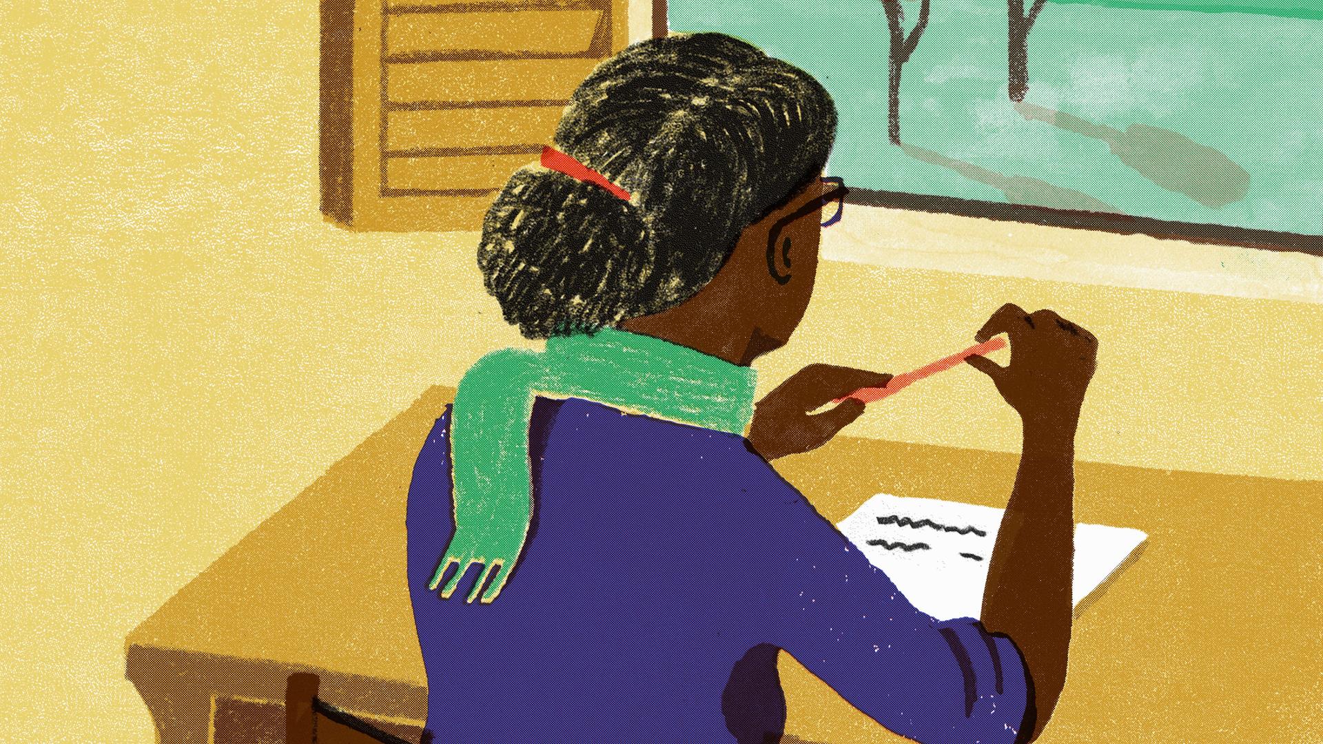 Die Illustration zeigt eine Frau am Schreibtisch, die nachdenklich aus dem Fenster starrt.