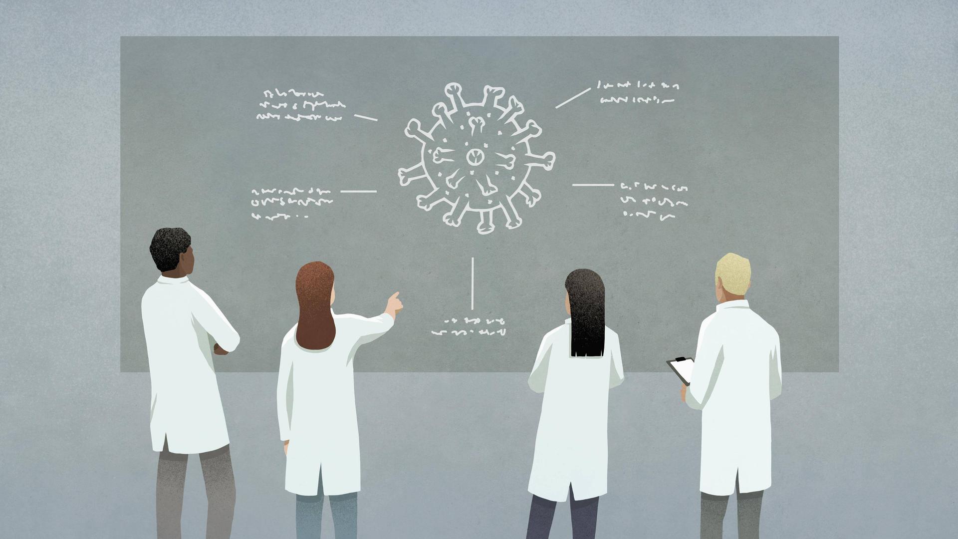 Illustration: Eine Gruppe von WissenschaftlerInnen steht vor einer großen Tafel, auf der ein Virus abgebildert ist.