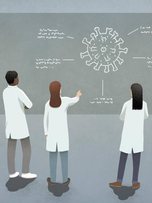 Illustration: Eine Gruppe von WissenschaftlerInnen steht vor einer großen Tafel, auf der ein Virus abgebildert ist.