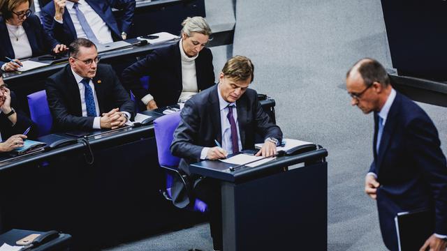 Friedrich Merz, CDU-Parteivorsitzender, und die AfD-Fraktion, aufgenommen im Rahmen der Sitzung des Deutschen Bundestages mit der Regierungserklaerung des Bundeskanzlers zu aktuellen innenpolitischen Themen in Berlin, 29.01.2025.