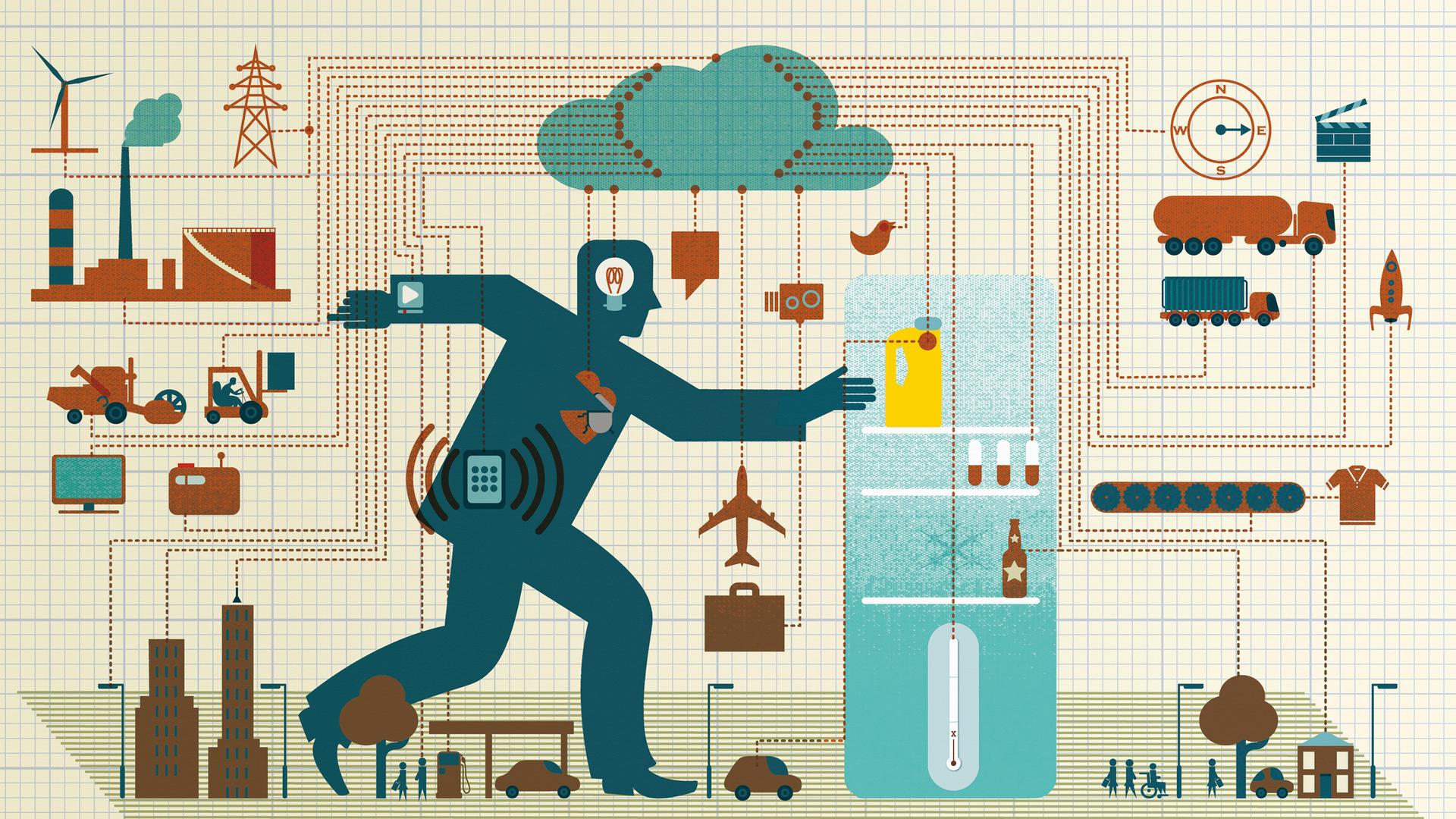 Illustration: Mann im Zentrum des Netzwerks des Internets der Dinge.