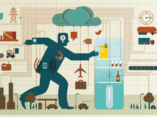 Illustration: Mann im Zentrum des Netzwerks des Internets der Dinge.