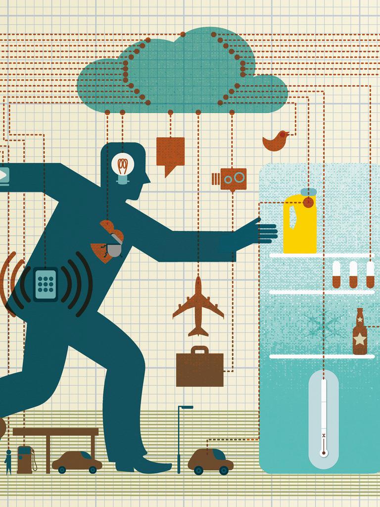 Illustration: Mann im Zentrum des Netzwerks des Internets der Dinge.