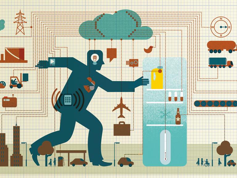 Illustration: Mann im Zentrum des Netzwerks des Internets der Dinge.