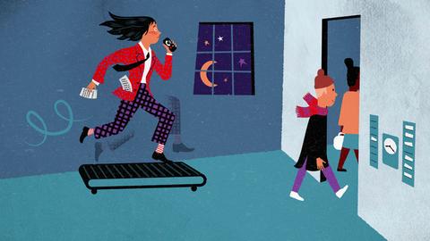 Illustration einer verzweifelt arbeitenden Mutter auf dem Laufband mit Kindern, die zur Schule gehen. 