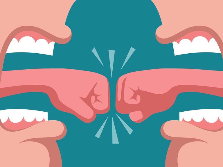 Illustration von zwei weit geöffnete Münder und Zungen in Form von Fäusten.