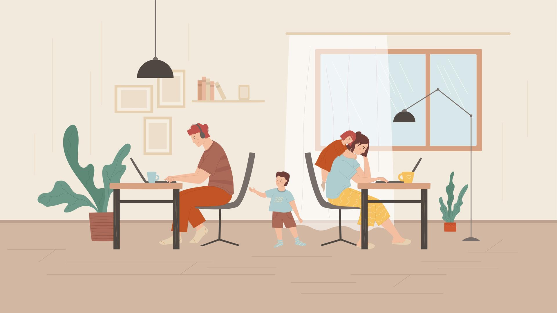 Illustration: Zeigt Freiberufler bzw. Arbeit in einer häuslichen Umgebung. Mutter und Vater arbeiten von zu Hause, während die Kinder nach Aufmerksamkeit verlangen. Illustration: Zeigt Freiberufler bzw. Arbeit in einer häuslichen Umgebung. Mutter und Vater arbeiten von zu Hause, während die Kinder nach Aufmerksamkeit verlangen.