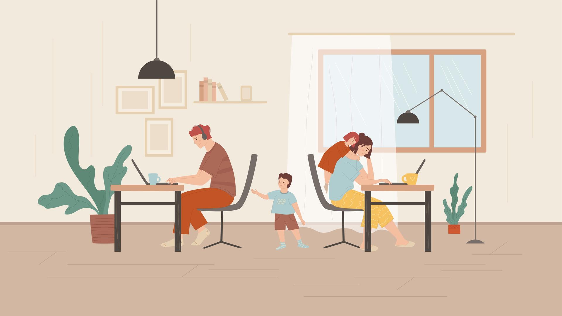 Illustration: Zeigt Freiberufler bzw. Arbeit in einer häuslichen Umgebung. Mutter und Vater arbeiten von zu Hause, während die Kinder nach Aufmerksamkeit verlangen. 