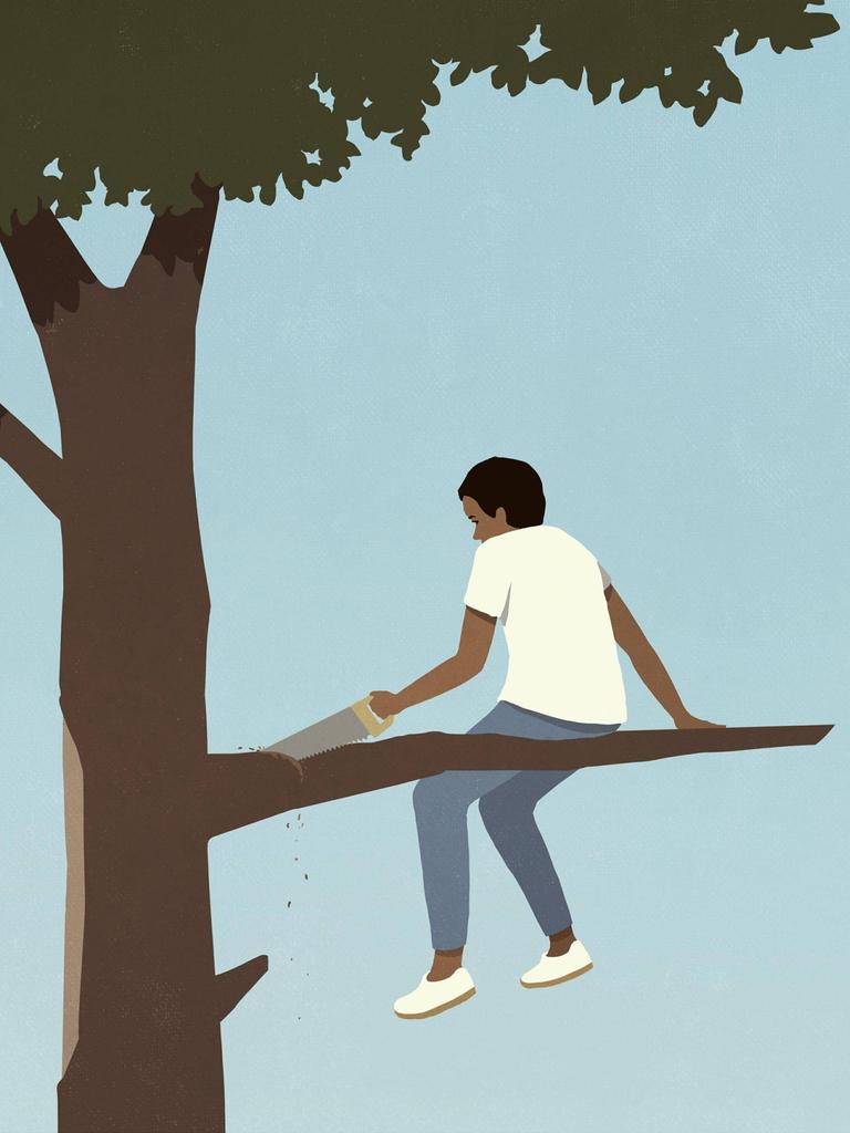 Illustration: Ein Junge mit einer Säge schneidet den Ast ab, auf dem er sitzt