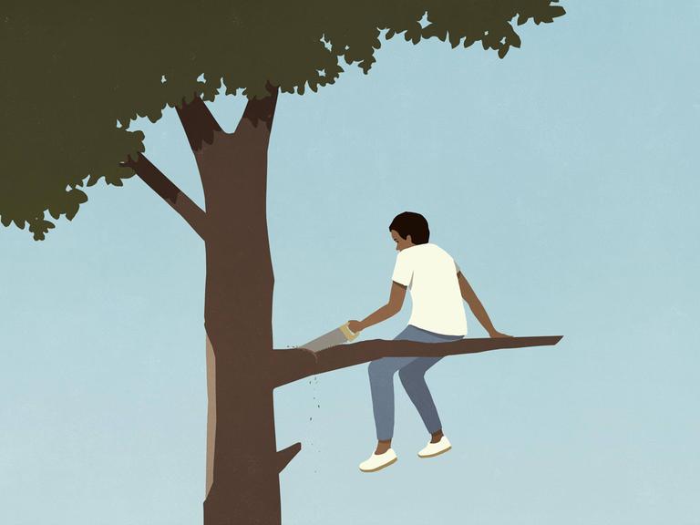 Illustration: Ein Junge mit einer Säge schneidet den Ast ab, auf dem er sitzt