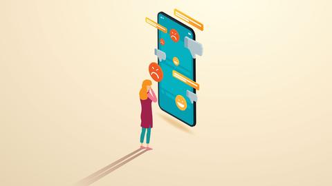 Illustration einer Frau, die vor einem Smartphone mit negativen Nachrichten und Smileys kauert.