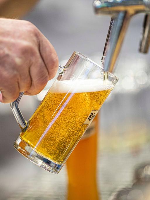 Ein Bier wird in einer Berliner Kneipe an einem Hahn in einen Glaskrug gezapft.