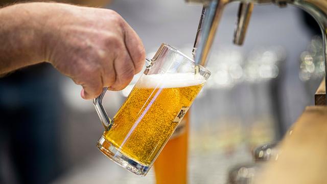 Ein Bier wird in einer Berliner Kneipe an einem Hahn in einen Glaskrug gezapft. Ein Bier wird in einer Berliner Kneipe an einem Hahn in einen Glaskrug gezapft.