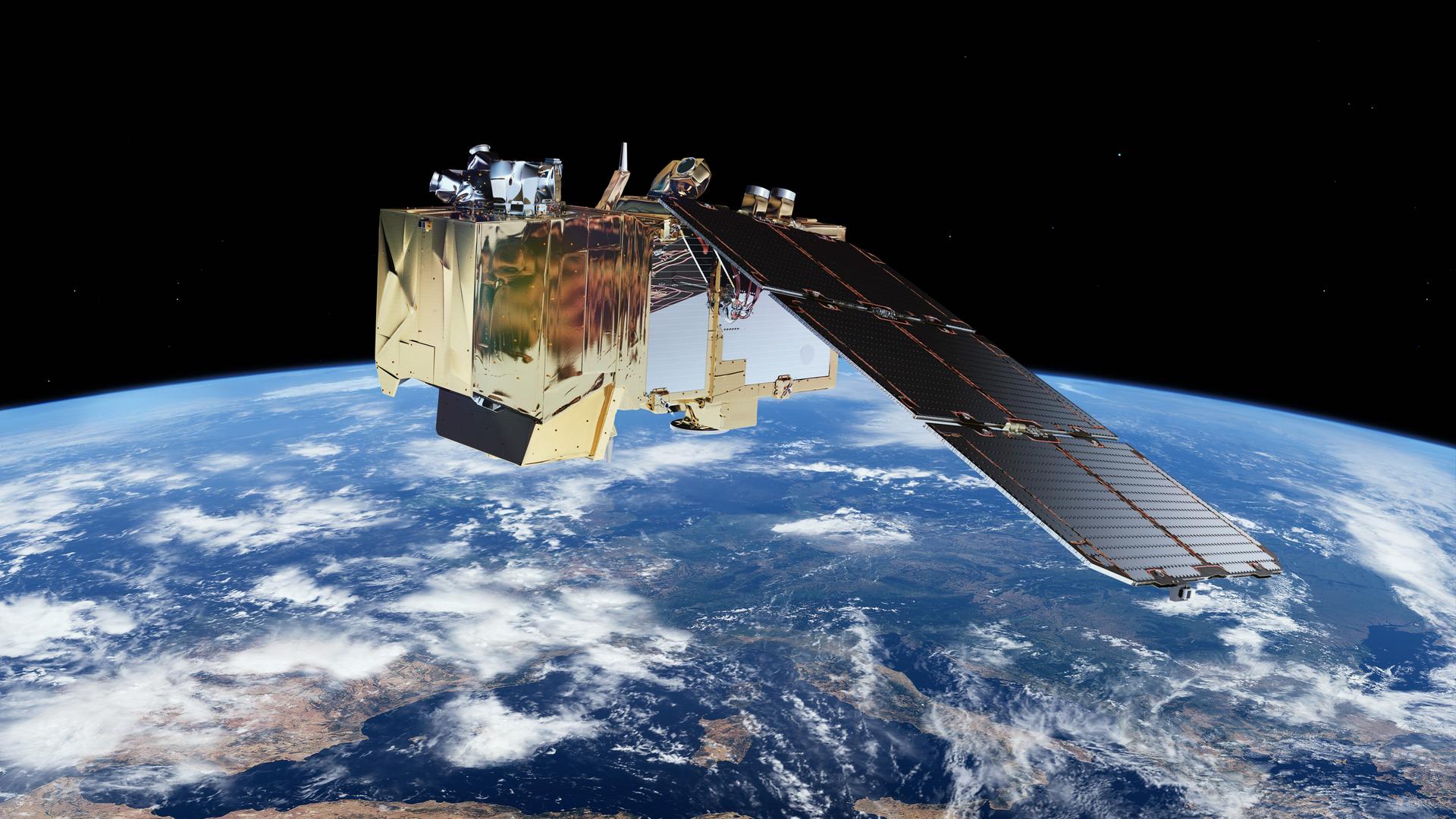 Die Sentinel-2-Satelliten (Illustration) dienen der wissenschaftlichen Erdbeobachtung. Auch um ihre Sicherheit kümmert sich das Weltraumlagezentrum in Uedem. (ESA)