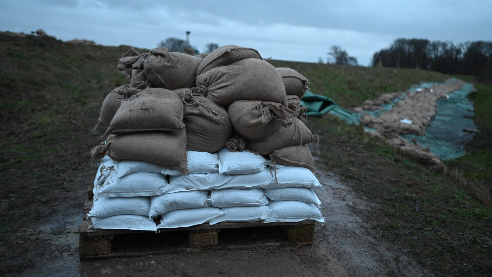 Ein Deich der Ems in Haren (Niedersachsen) ist mit Sandsäcken gesichert, um die Überflutungen durch das Hochwasser einzudämmen.