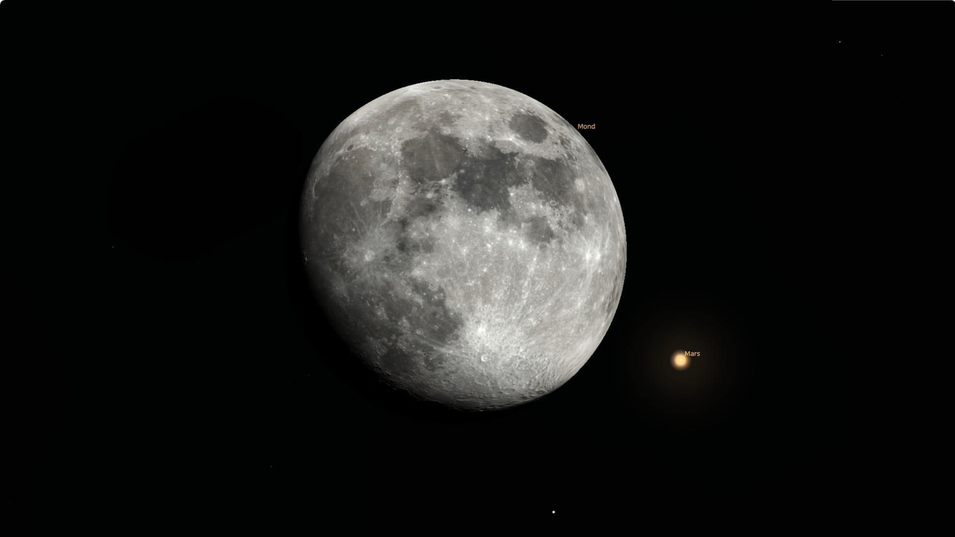 Der Planet Mars steht in den frühen Abendstunden am 9. Februar 2025 ganz in der Nähe des Monds.