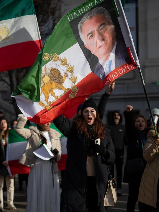 Mehrere Menschen halten grün-weiß-rote iranische Flaggen ohne das Emblem der Islamischen Republik hoch. In der Bildmitte trägt eine Person eine Fahne mit einem Porträt von Reza Pahlavi, dem Sohn des 1979 gestürzten Schahs. 