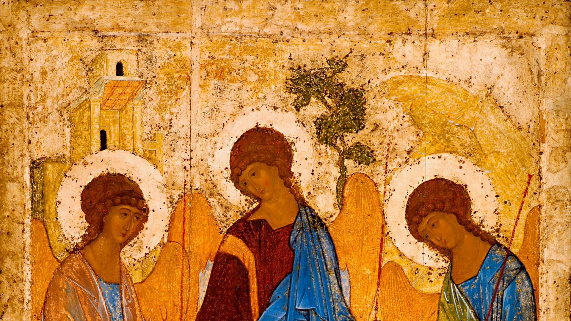 Das Bild zeigt die Ikone mit drei Engeln des Künstlers Andrej Rublew.