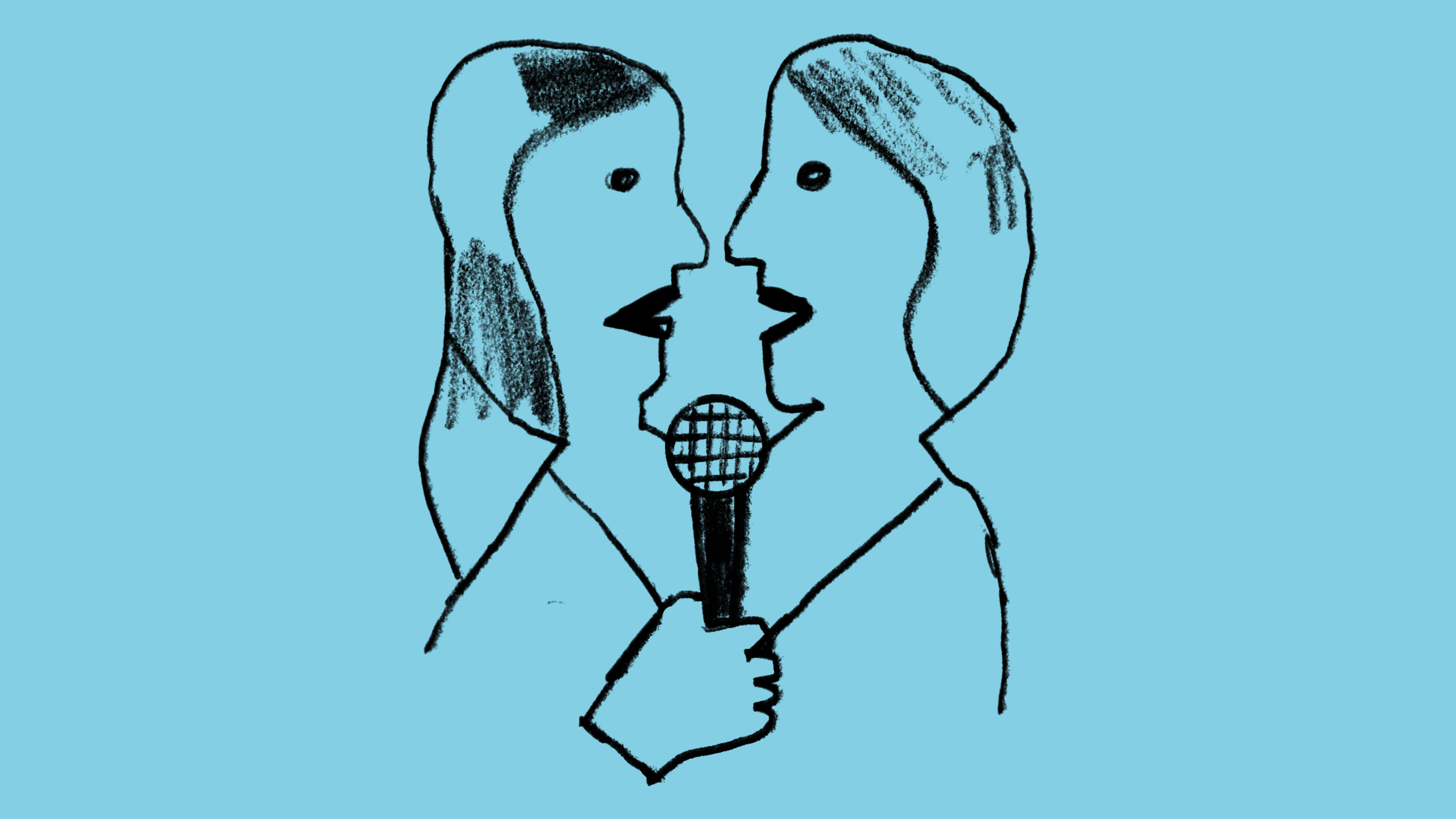 Zwei einander gegenüberstehende Frauen im Profil mit einem Mikrofon in der Mitte. Zwei einander gegenüberstehende Frauen im Profil mit einem Mikrofon in der Mitte.