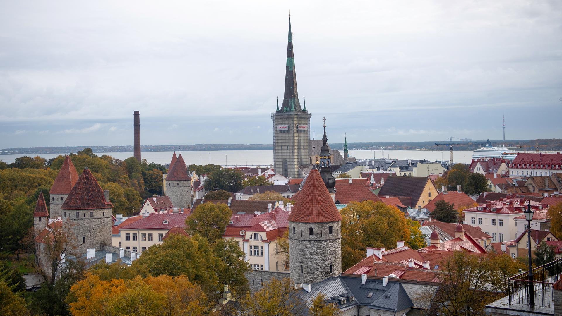 Blick auf die Altstadt von Tallinn mit der mittelalterlichen Stadtmauer und dem Turm der Olaikirche (M), aufgenommen vom Stenbock House.