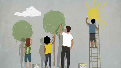 Illustration: Drei Kinder und eine erwachsene Person bemalen eine Wand. Eines der Kinder steht auf einer Leiter und kann somit am höchsten reichen. Es malt eine Sonne.
