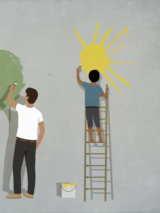 Illustration: Drei Kinder und eine erwachsene Person bemalen eine Wand. Eines der Kinder steht auf einer Leiter und kann somit am höchsten reichen. Es malt eine Sonne.