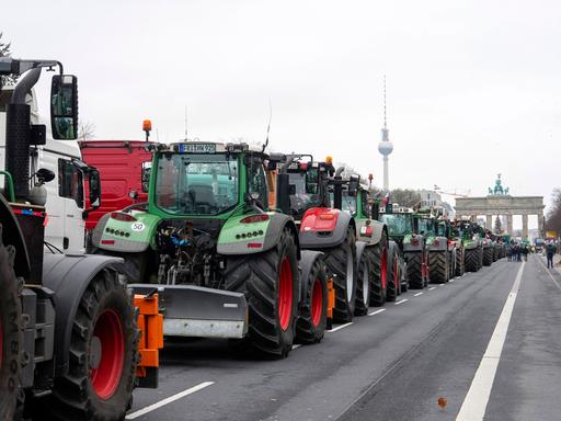 Traktoren stauen sich auf der Straße des 17. Juni in Berlin, im Hintergrund: Brandenburger Tor und Fernsehturm.