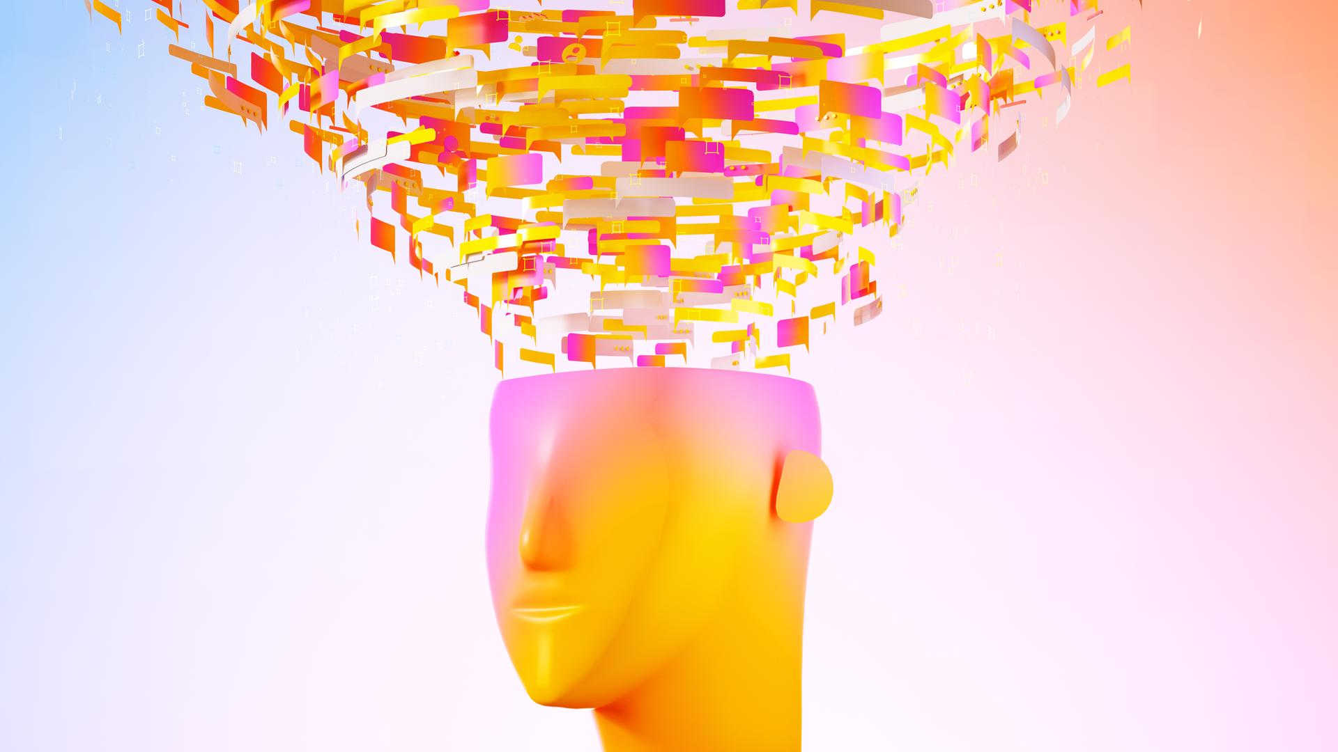 Illustration eines abstrakten Kopfes, aus dem oben eine spiralförmige Wolke mit bunten Chat-Symbolen herausragt.