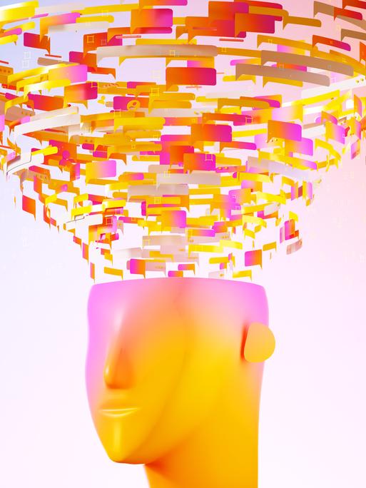 Illustration eines abstrakten Kopfes, aus dem oben eine spiralförmige Wolke mit bunten Chat-Symbolen herausragt.