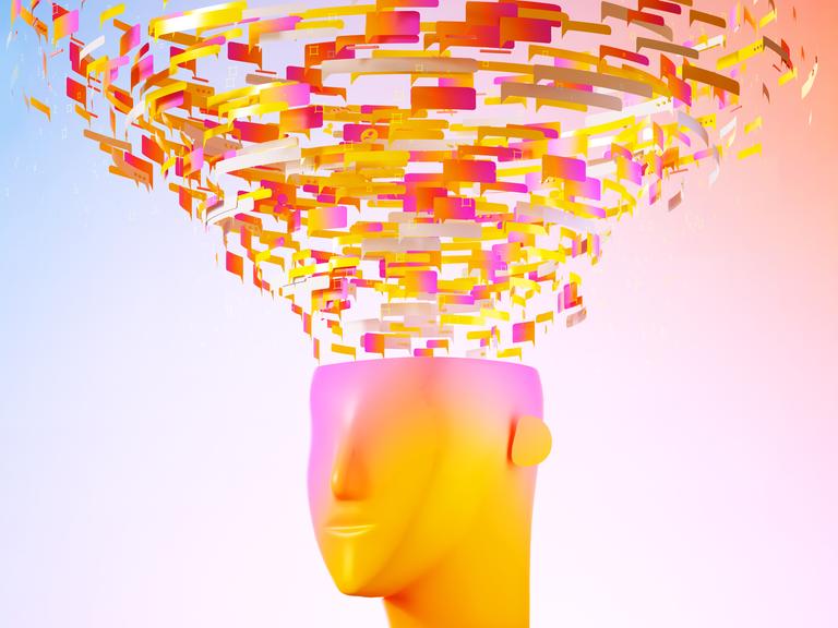 Illustration eines abstrakten Kopfes, aus dem oben eine spiralförmige Wolke mit bunten Chat-Symbolen herausragt.
