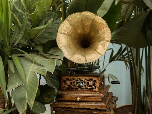 Blick auf ein Schränkchen inmitten von vielen Zimmerpflanzen, auf dem ein Grammophon mit großem Schalltrichter steht.