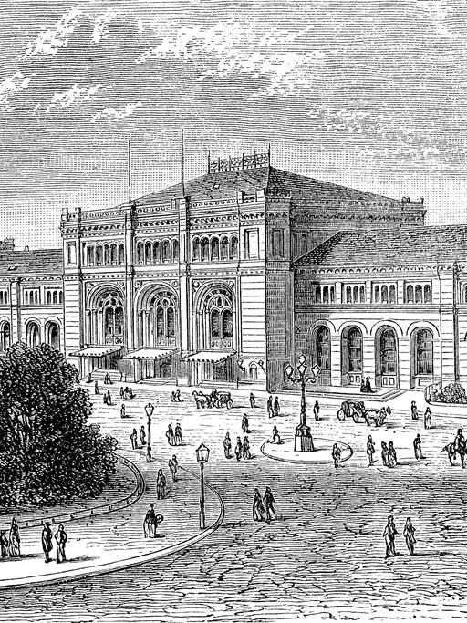 Zeichnung eines Bahnhofsgebäudes im historizistischen Stil des 19. Jahrhunderts