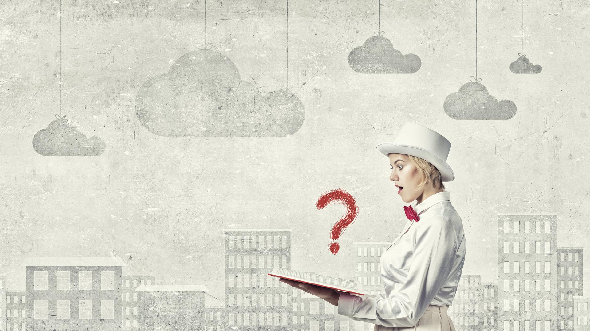Illustration einer Frau, die auf ein Buch schaut. Vor ihr ein rotes Fragezeichen.