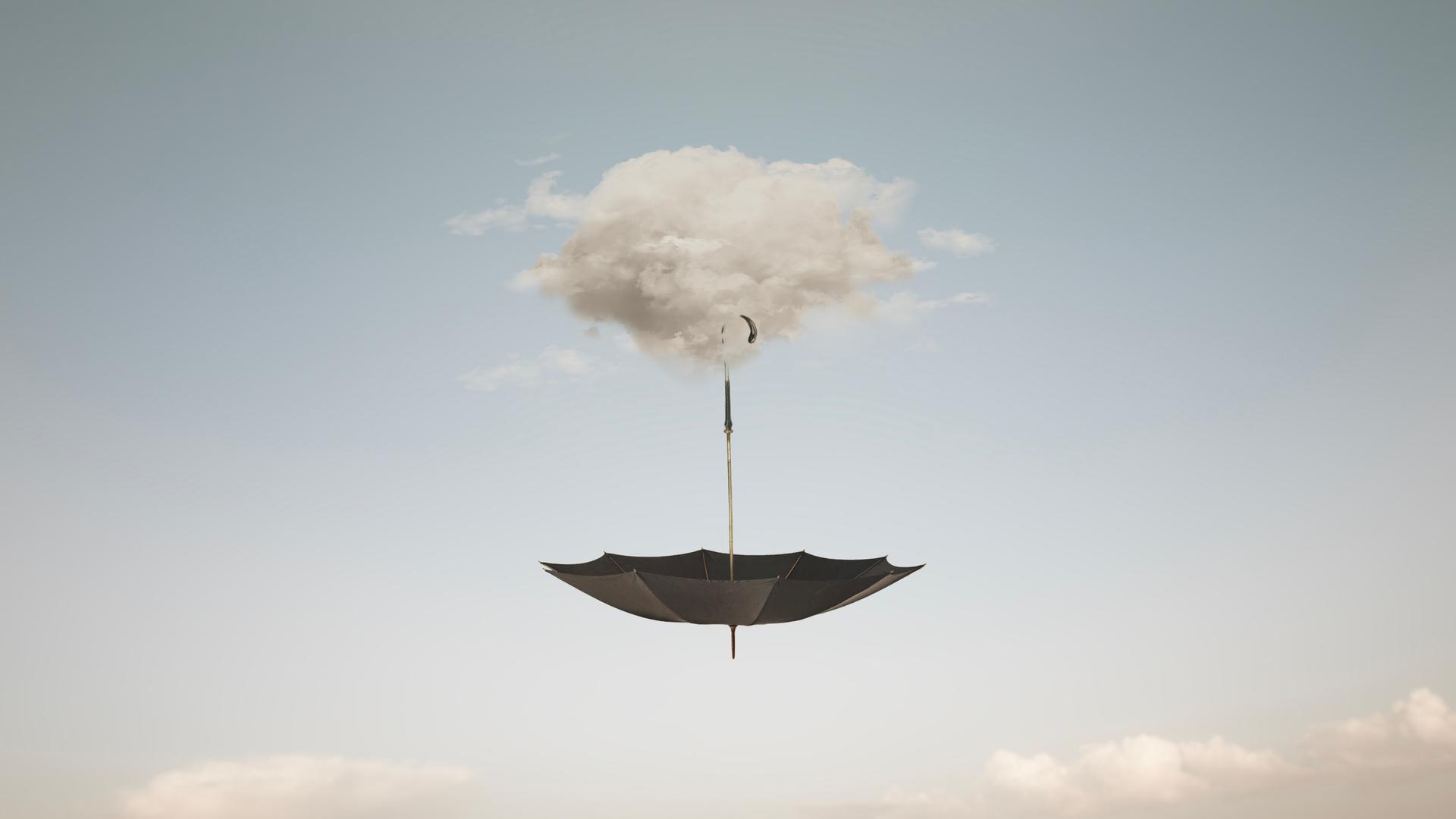Illustration eines Regenschirms, der an einer Wolke hängt Illustration eines Regenschirms, der an einer Wolke hängt