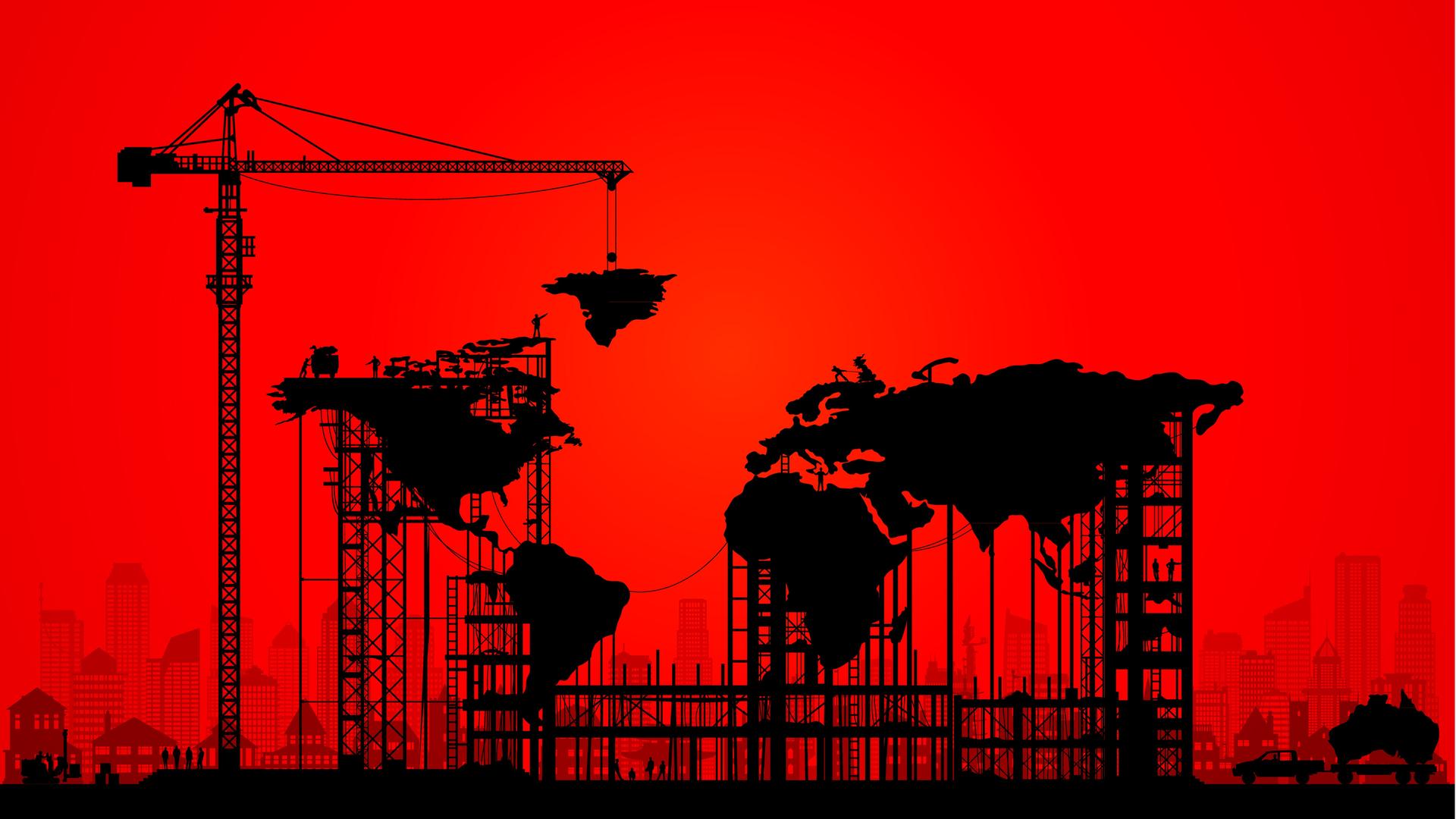 Illustration: Die ganze Welt als Baustelle, ein Kran hebt einen Kontinent in die Höhe, auf rotem Hintergrund. Illustration: Die ganze Welt als Baustelle, ein Kran hebt einen Kontinent in die Höhe, auf rotem Hintergrund.