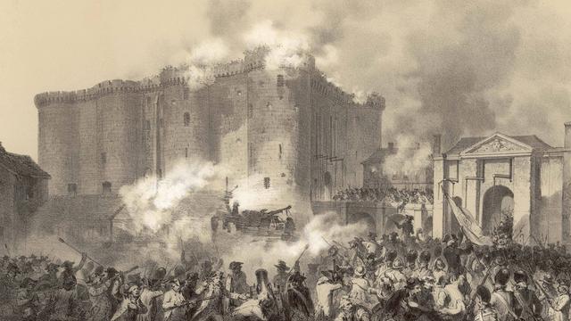 Zeichnung des Sturms auf die Bastille. Eine große Menschenmenge versucht, eine Festung zu erstürmen.