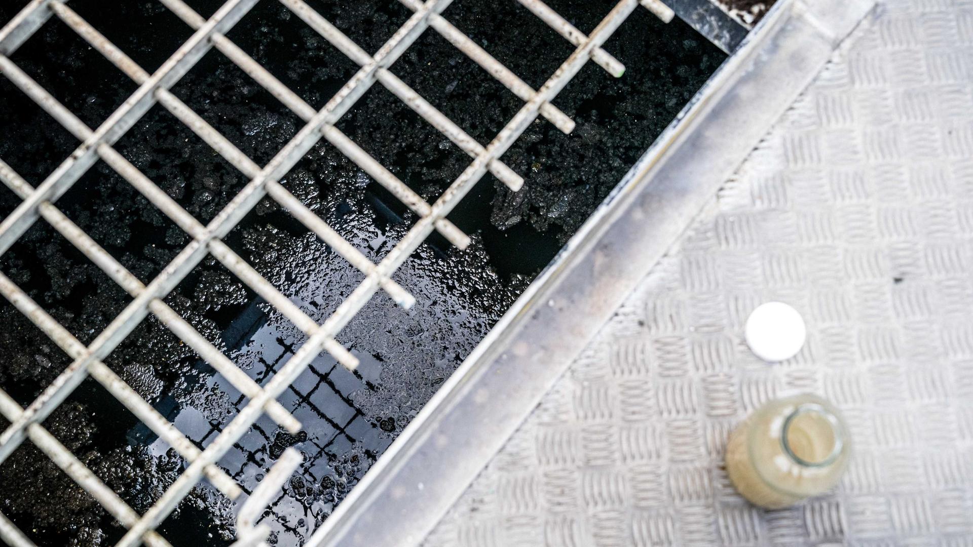 Abwasserprobe aus einer Kläranlage: Ein Glasbehälter mit Wasser steht neben einem großen Abfluss, in dessen Tiefe durch das Gitter dunkles Abwasser zu sehen ist. 
