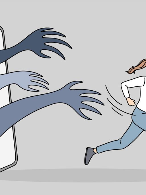 Illustration einer Frau, die vor Händen, die aus einem Smartphone kommen davon rennt.